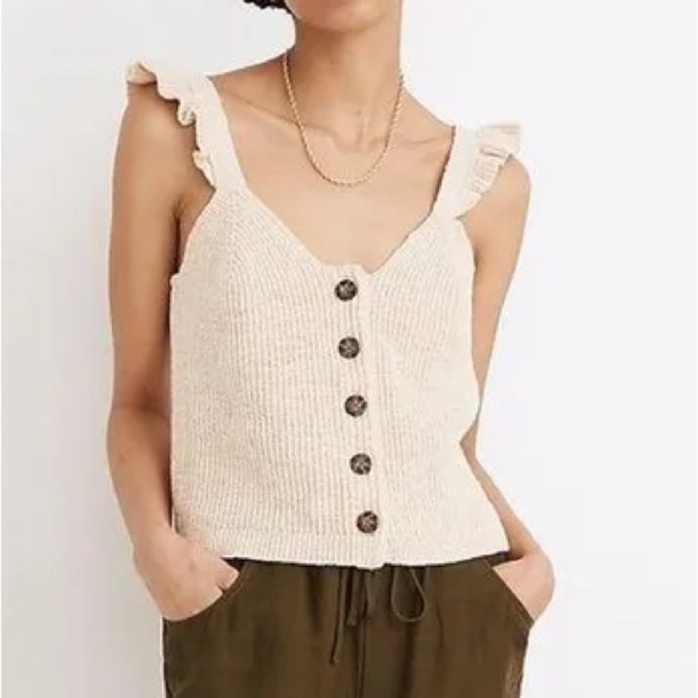 MINE Off White Knit Woven Cottagecore Preppy Girly Feminine Stretch Girly Tank L